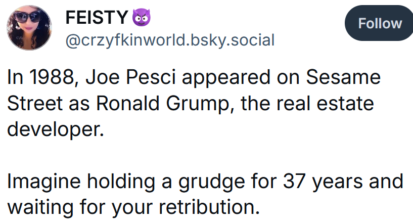 Bluesky post reading 'In 1988, Joe Pesci appeared on Sesame Street as Ronald Grump, the real estate developer. Imagine holding a grudge for 37 years and waiting for your retribution.'