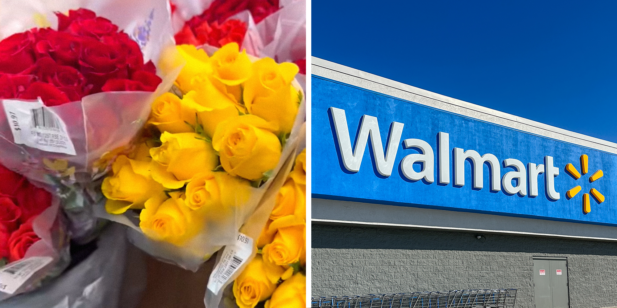 Two panel image. Bouquet of red roses next to yellow roses on left. Walmart on right.
