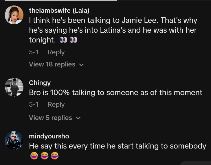 TikTok comments including one reading 'I think he's been talking to Jamie Lee. That's why he's saying he's into Latina's and he was with her tonight'