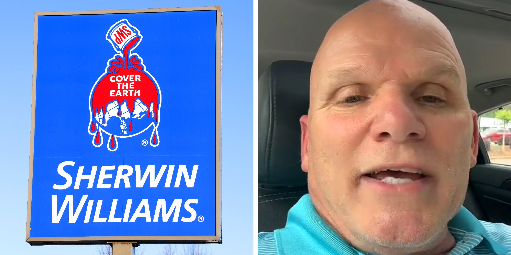 2 panel image of a Sherwin Wiliiams store sign and a person speaking in their car.