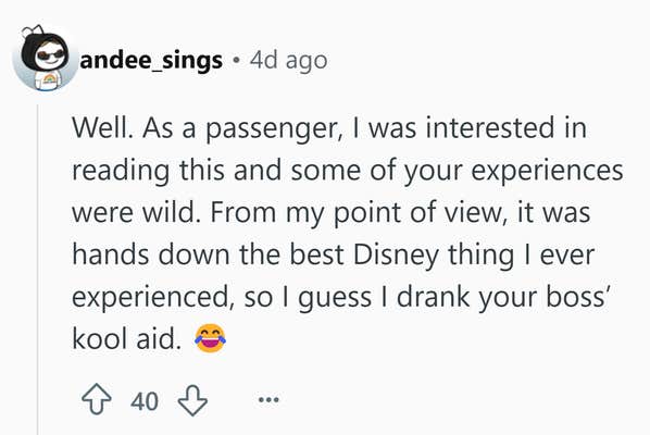 Reddit comment that reads, "Well. As a passenger, I was interested in reading this and some of your experiences were wild. From my point of view, it was hands down the best Disney thing I ever experienced, so I guess I drank your boss’ kool aid. (laugh cry emoji)"