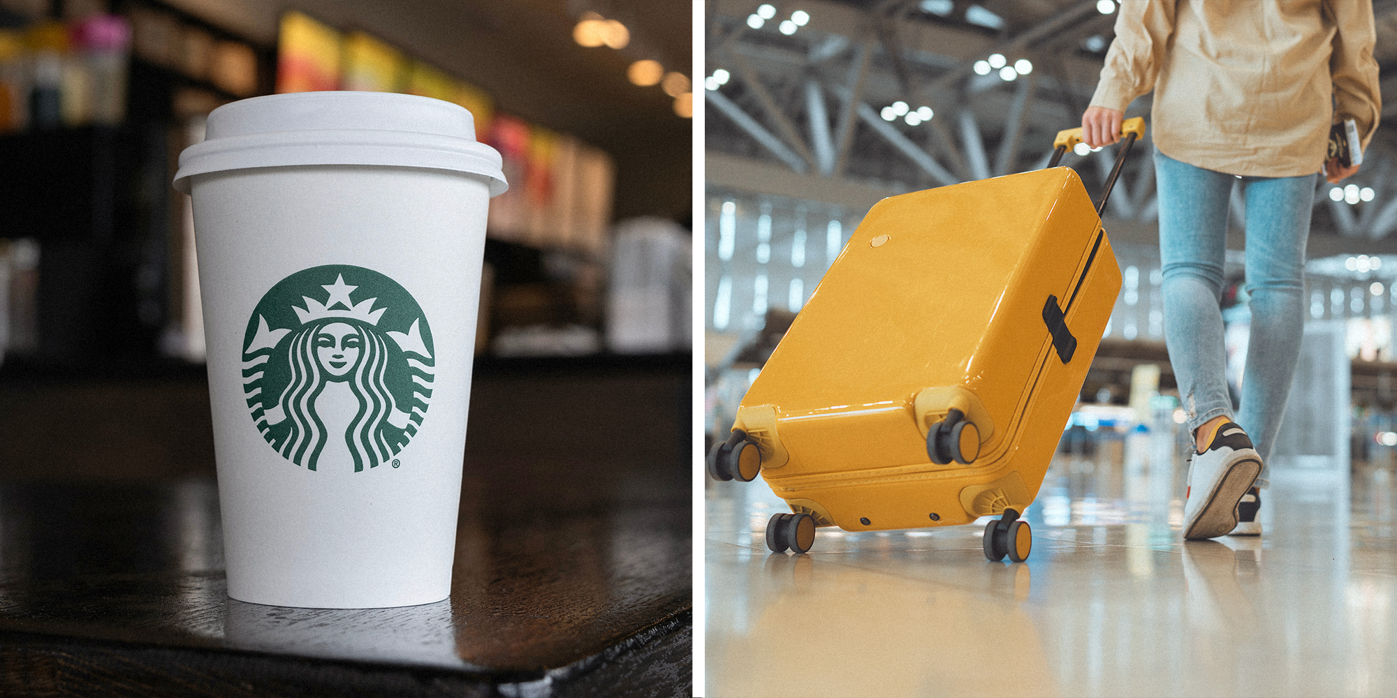 2 panel image. Starbucks cup on counter on left. Woman rolling suitcase in airport on right.