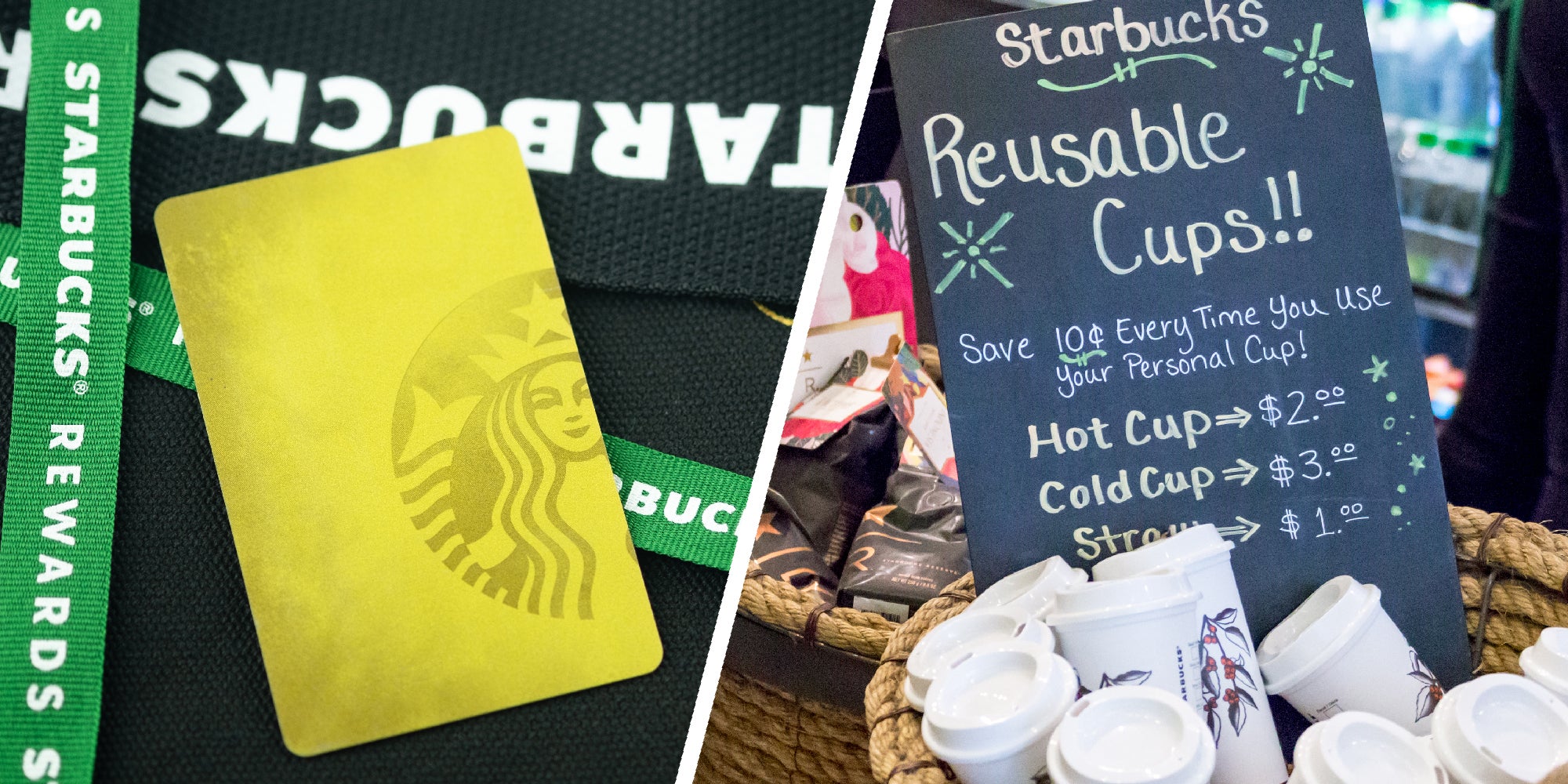 2 panel image showing a Starbucks Rewards card and sign in an Starbucks store advertising reusable cups.