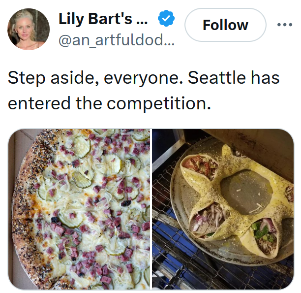 State with the worst pizza tweet reading 'Step aside, everyone. Seattle has entered the competition' with two photos of artisan pizza.