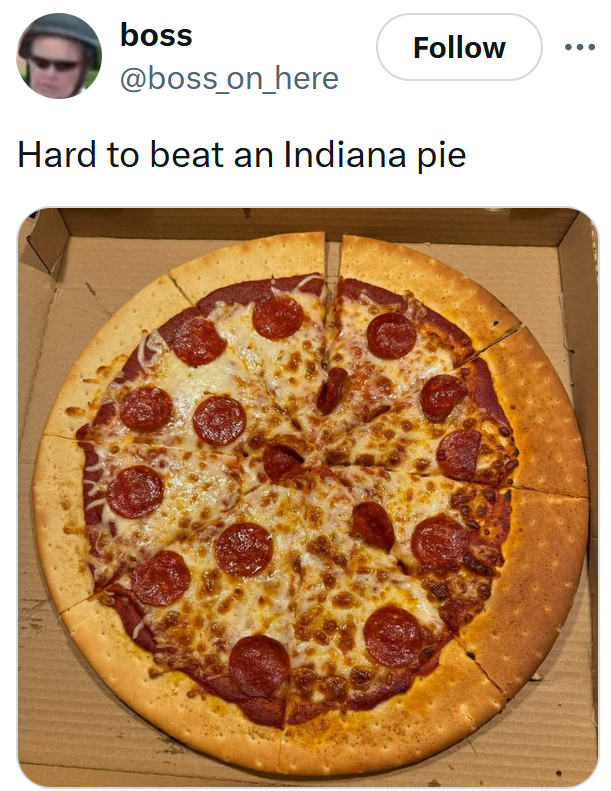 State with the worst pizza tweet reading 'Hard to beat an Indiana pie' with a photo of a round pizza with a lot of flat crust.