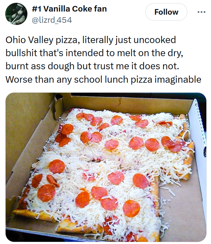 State with the worst pizza tweet reading 'Ohio Valley pizza, literally just uncooked bullshit that's intended to melt on the dry, burnt ass dough but trust me it does not. Worse than any school lunch pizza imaginable' with a photo of the pizza.