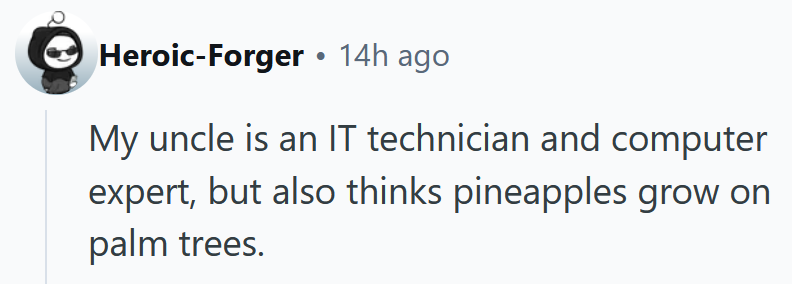 Reddit comment reading 'My uncle is an IT technician and computer expert, but also thinks pineapples grow on palm trees.'
