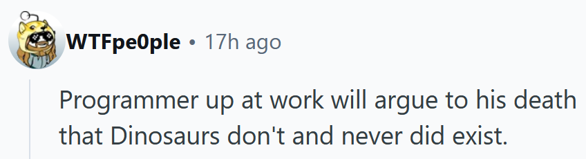 Reddit comment reading 'Programmer up at work will argue to his death that Dinosaurs don't and never did exist.'