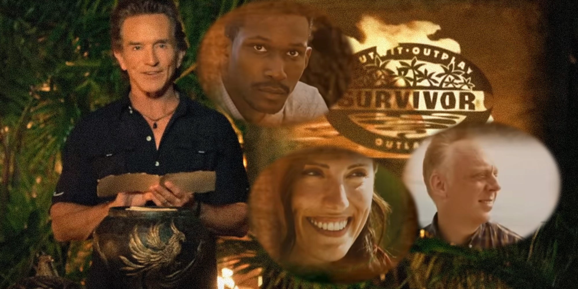 photo collage image Jeff Probst the host of Surviivor announcing the cast of the 50th season.