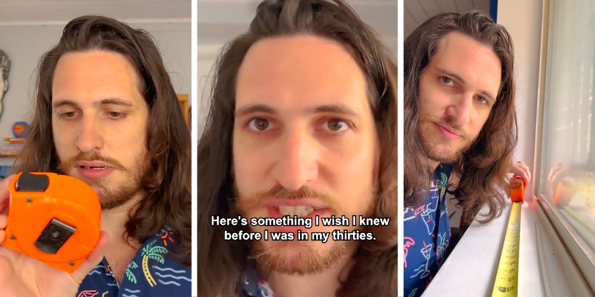 3 panel image from a TikTok post where a person explains an interesting fact about tape measures.