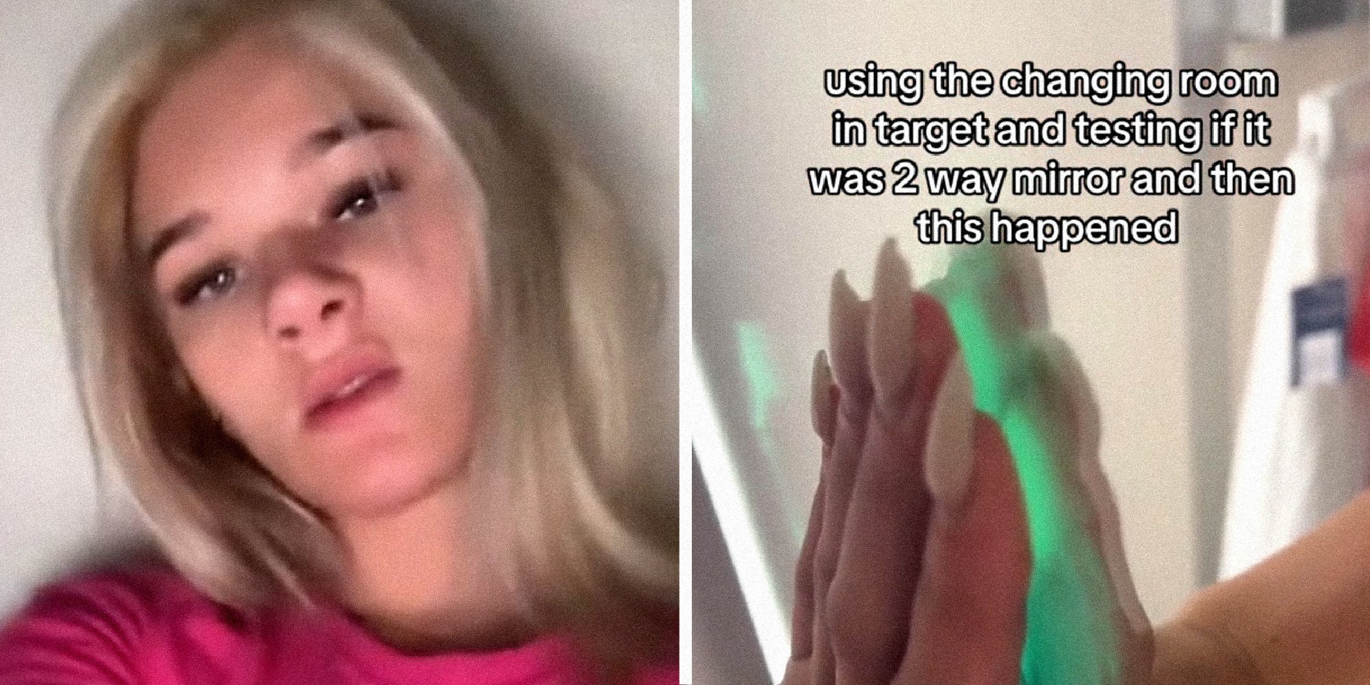 2 panel image of a person's face, and a person's hand pressed against a mirror as a green glow emanates.