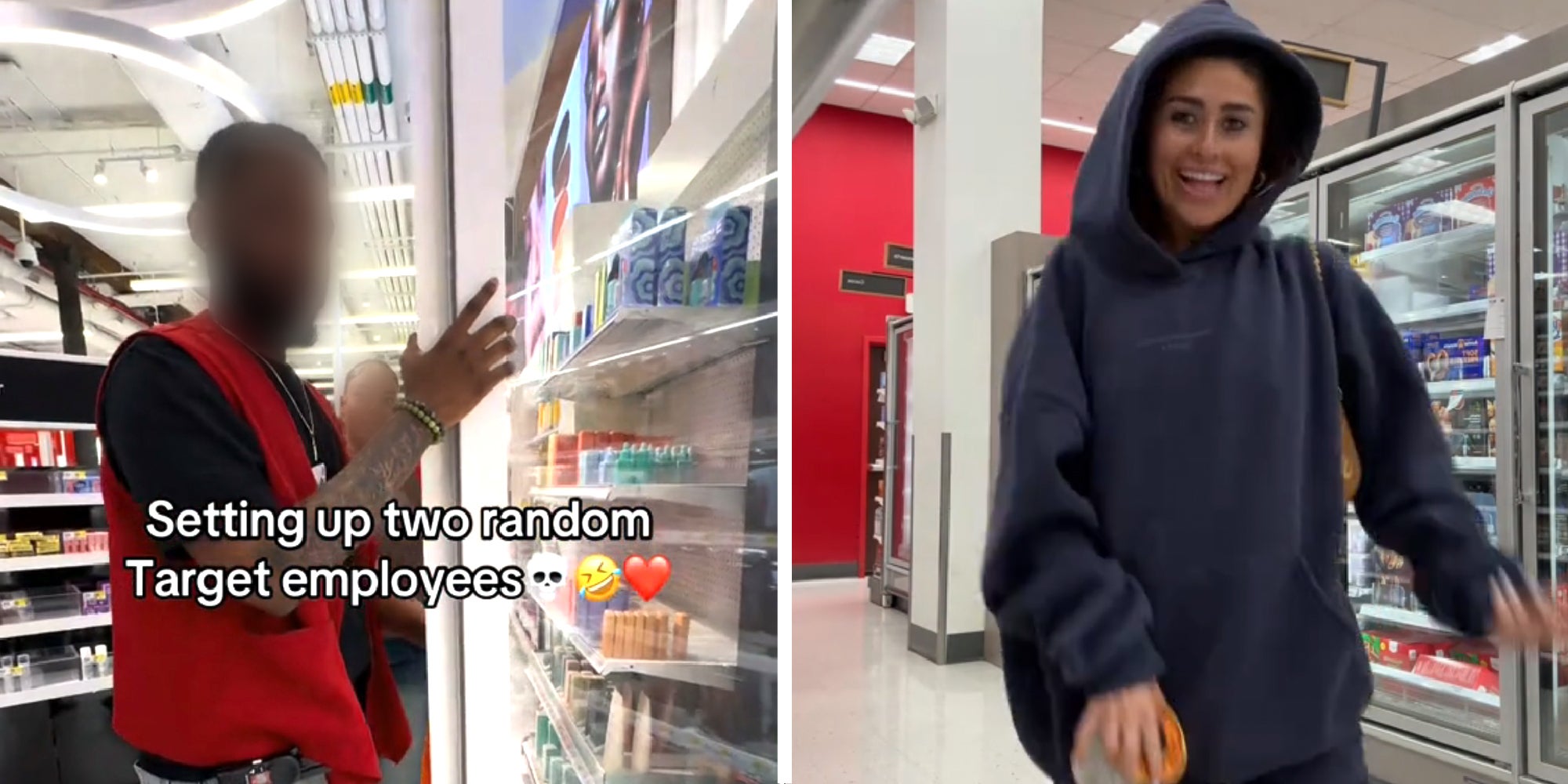 2 panel image: Two Target employees and a hooded figure in a Target.