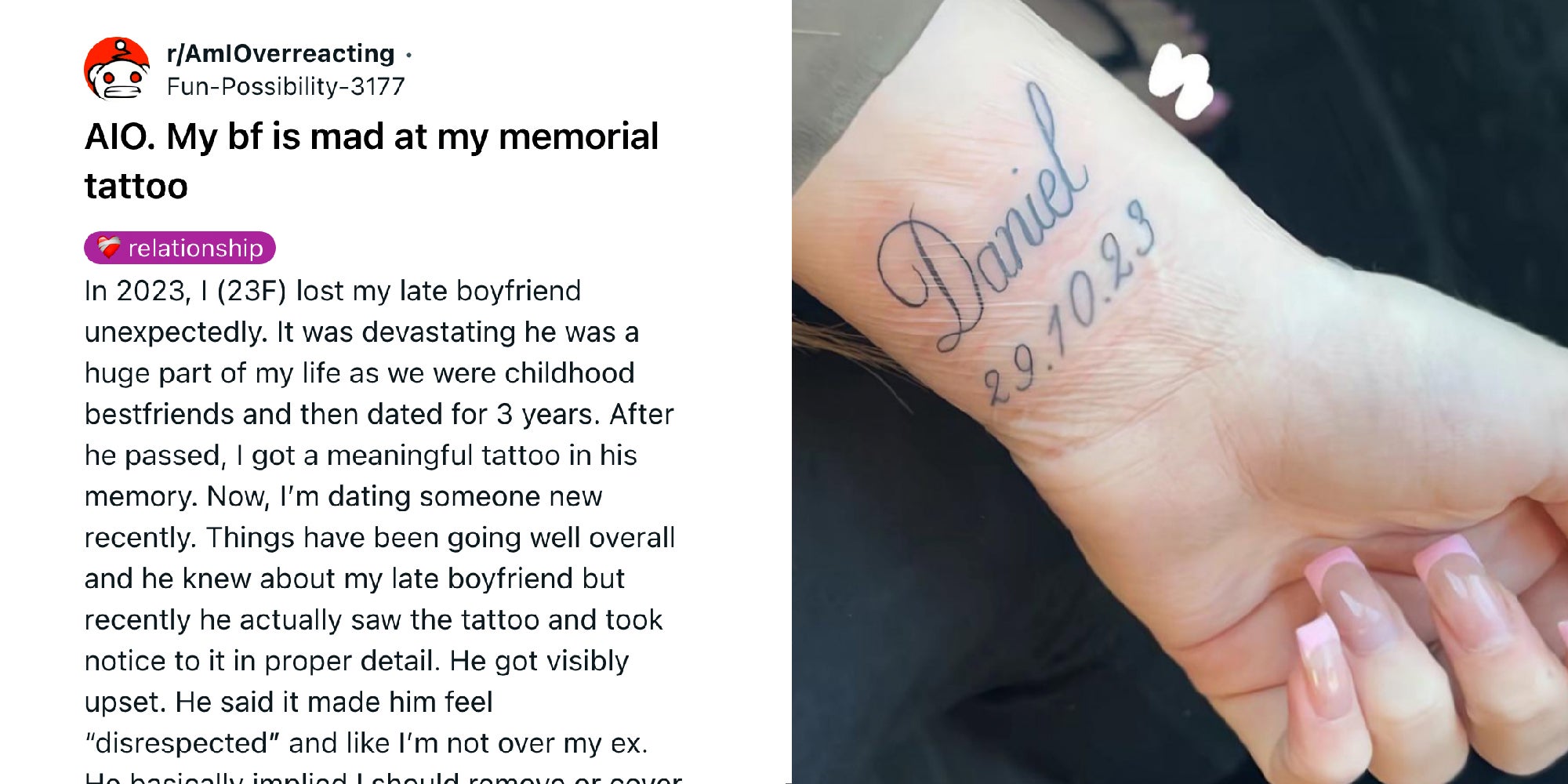 A 2 panel image - on the left is a Reddit thread about a woman's tattoo and on the right is a photo of the tattoo on her wrist, which reads Daniel 29.10.23