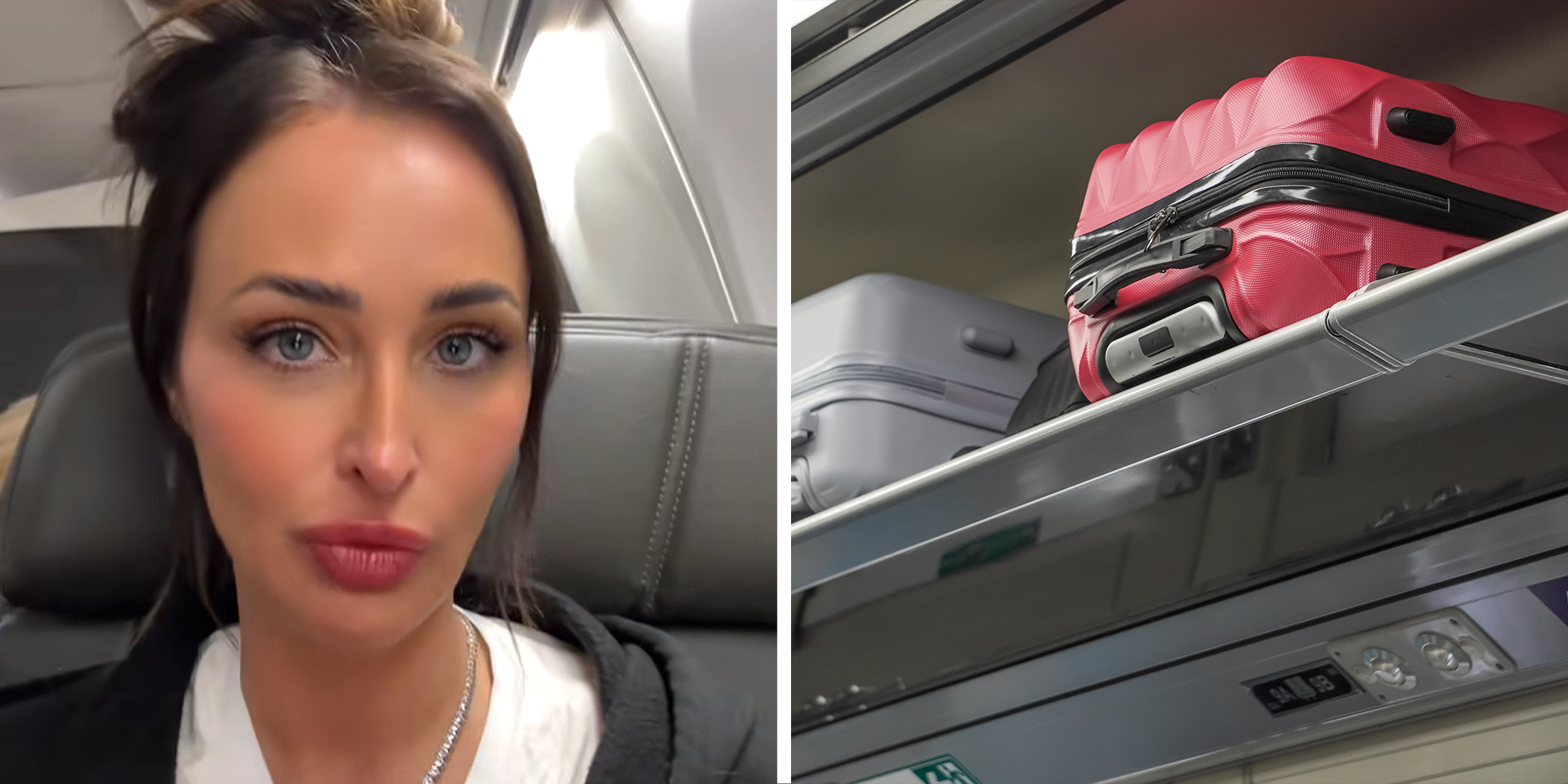 2 panel image. Woman sitting on plane, looking upset on left. Carry-on luggage in overhead compartment on right.