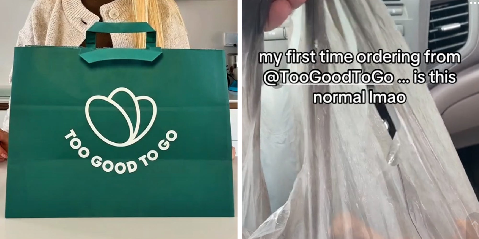 2 panel image of a Too Good To Go bag and a person holding a plastic bag. Text over: my first time ordering @TooGoodtoGo ... is this normal lmao.
