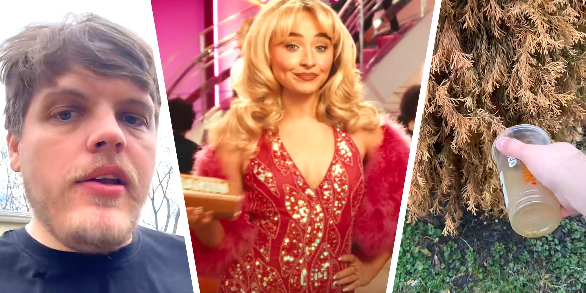 3 panel image showing a person explaining on the sides and in the middle is an image from the pop singer Sabrina Carpenter's Dunkin Donuts ad.