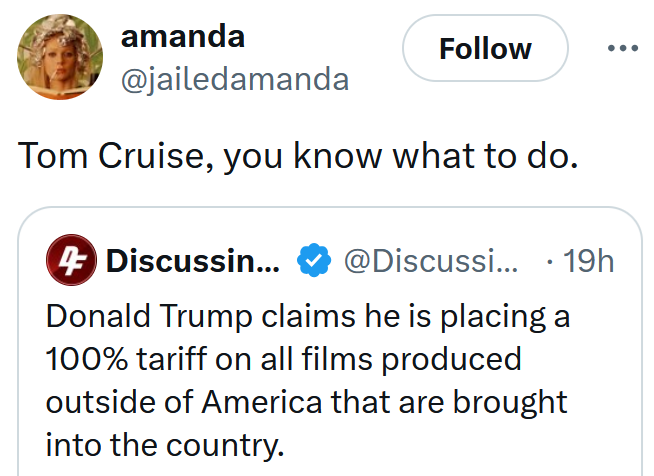Tweet reading 'Tom Cruise, you know what to do.'