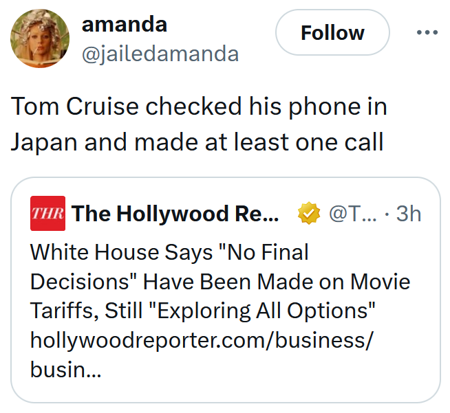 Tweet reading 'Tom Cruise checked his phone in Japan and made at least one call'