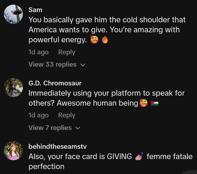 TikTok comments including one reading 'You basically gave him the cold shoulder that America wants to give. You’re amazing with powerful energy.'