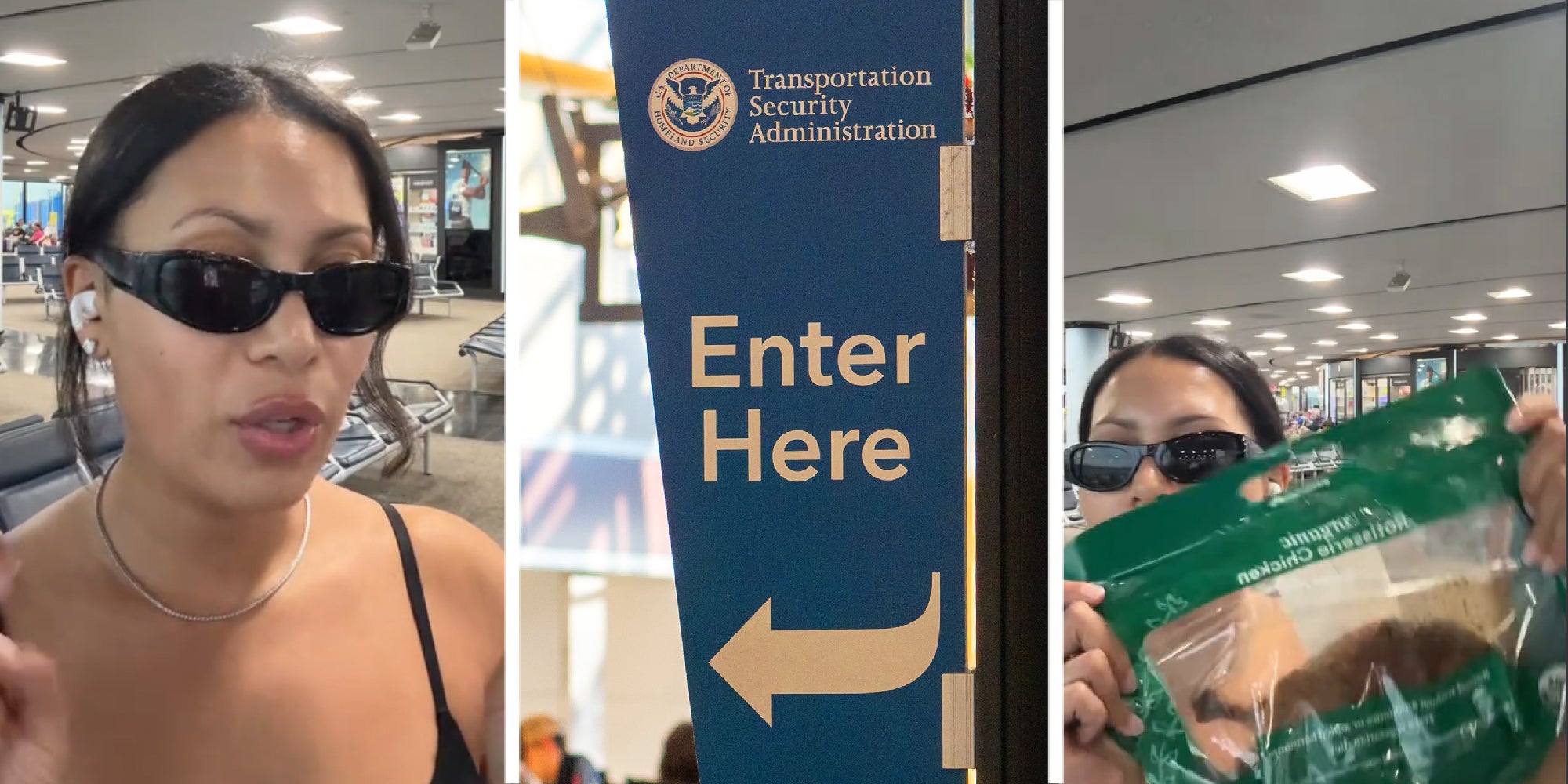 3 panel image: on the sides a person explains and in the middle is a TSA direction sign.