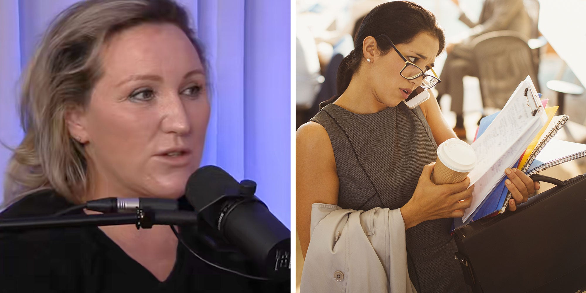 Screenshot from Tiktok user @canweberealpod; Photo of a Stressed out business woman with a briefcase.