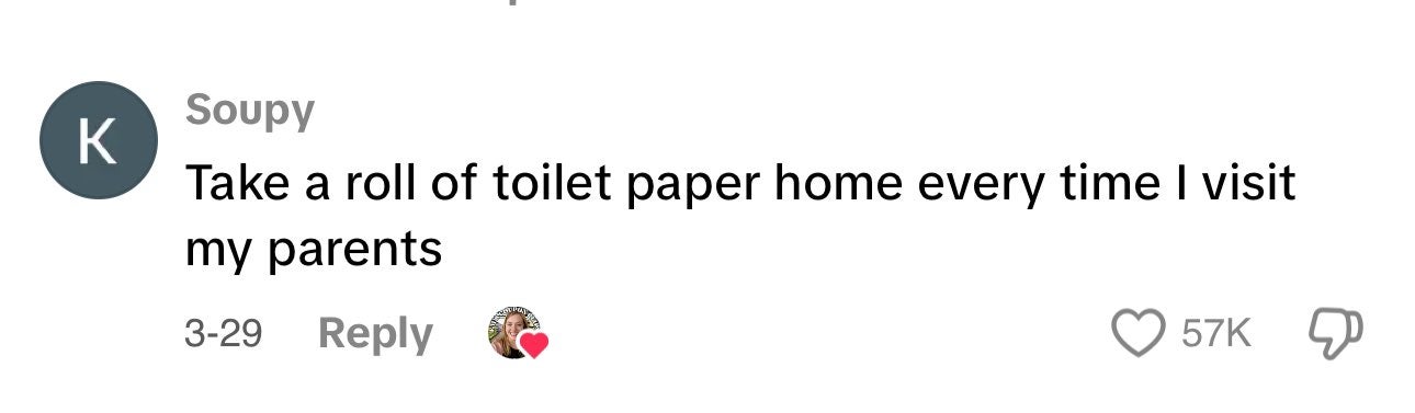 Unhinged money saving hack post about stealing toilet paper from parents.