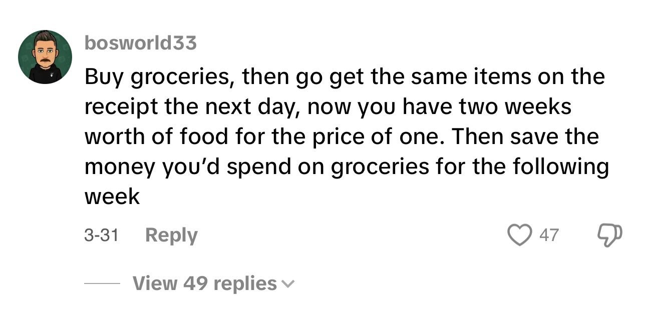 Unhinged money saving hack post about stealing groceries.