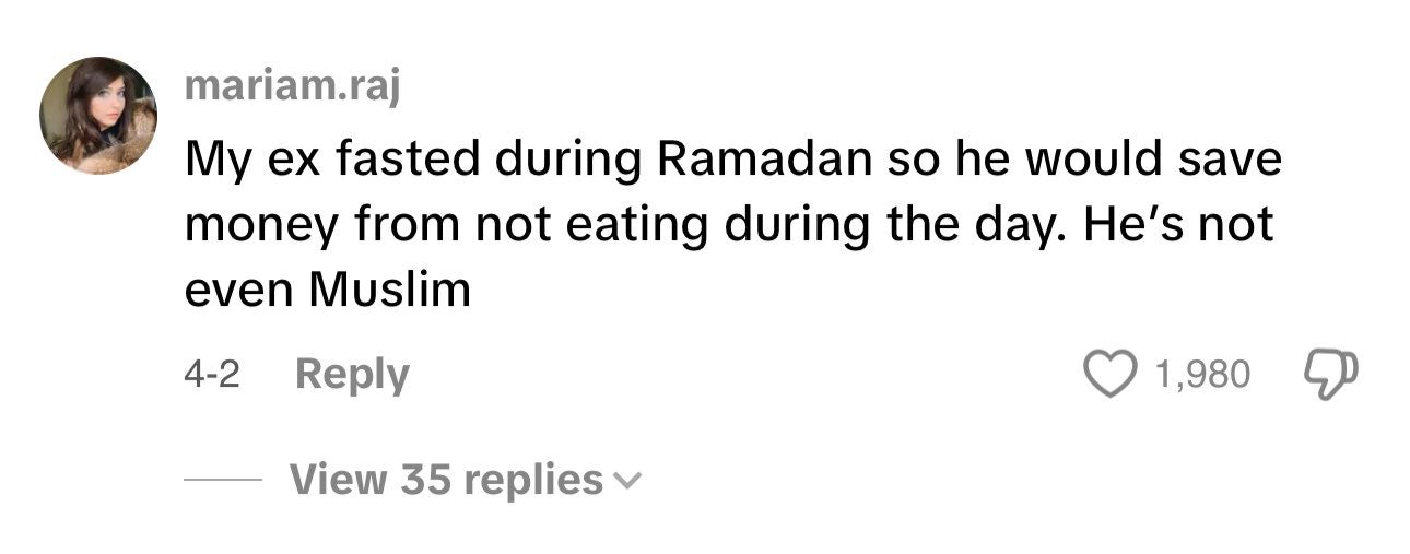 Unhinged money saving hack post about fasting during Ramadan.