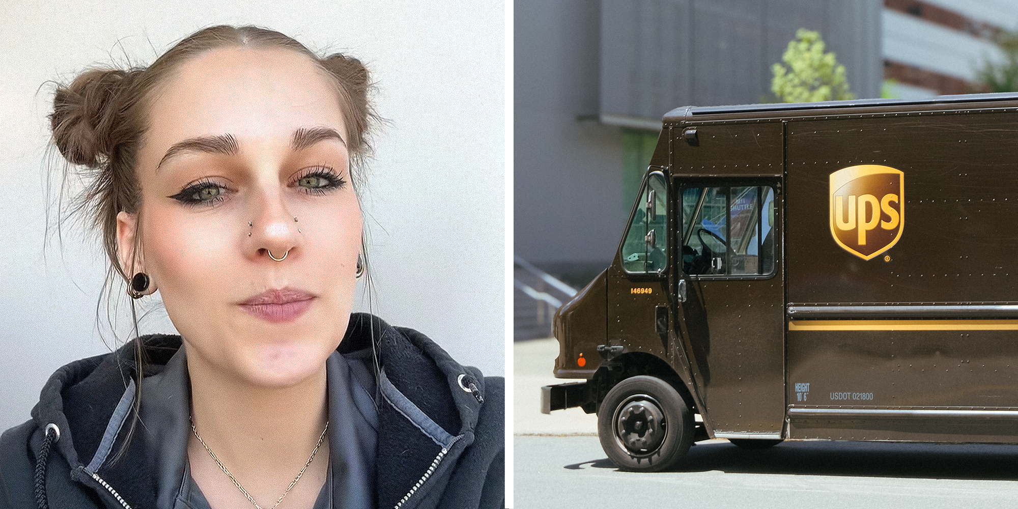 Two image split. Woman looking into camera on left. UPS delivery truck on right.