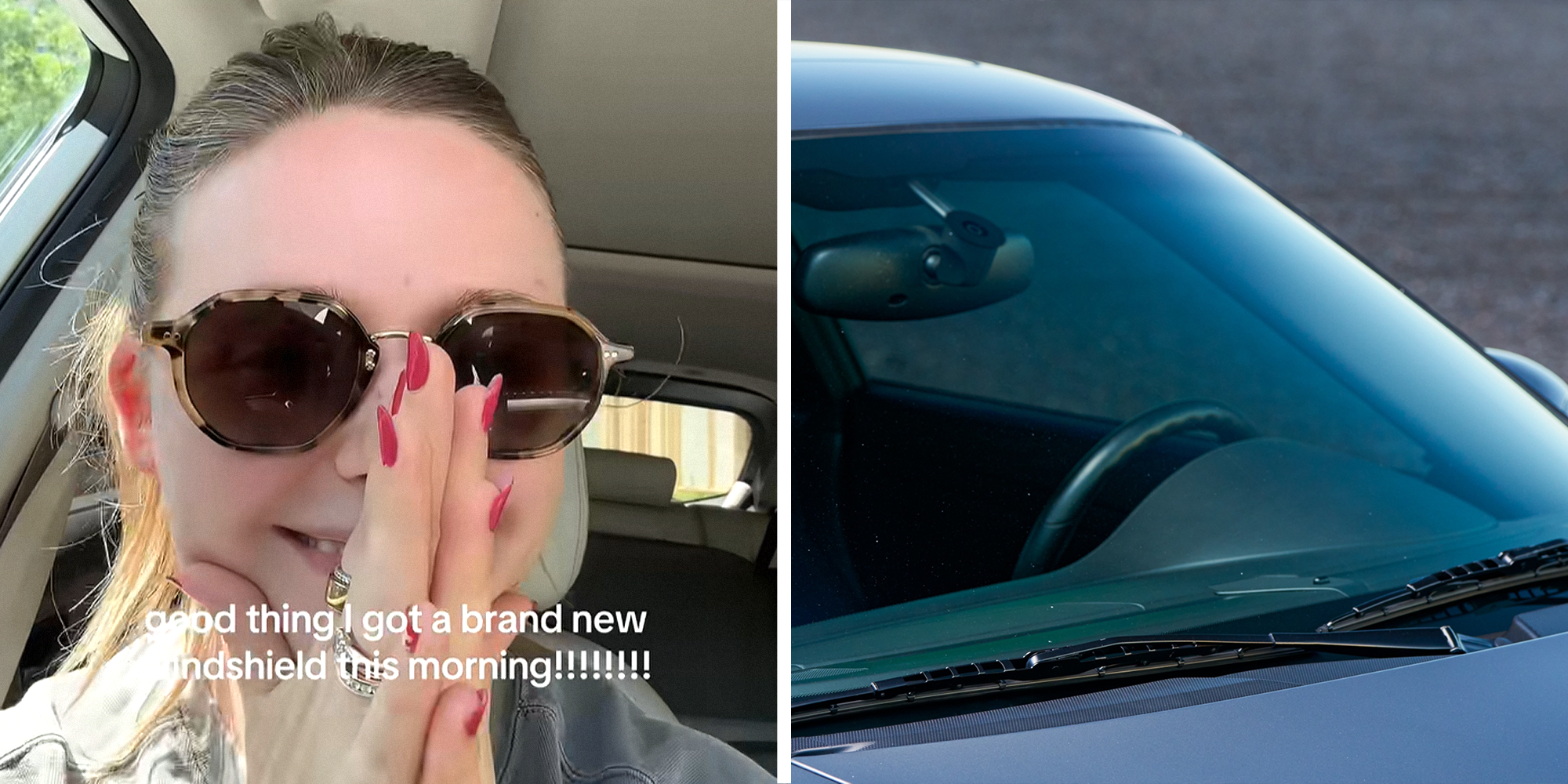 2 panel image. Woman, holding head in hands, with caption that reads: 'good thing I got a brand new windshield this morning!' on left. Car windshield on right.