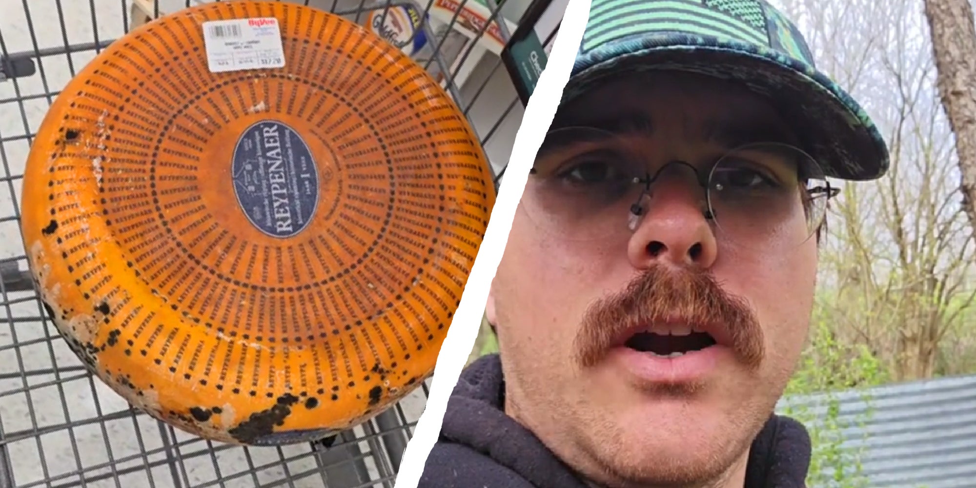 2 panel image of a large wheel of cheese in a shopping cart and a mustached person explaining.