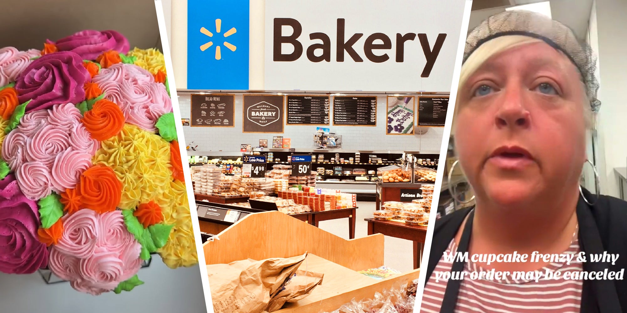 3 panel image showing a cupcake boquet, the Walmart bakery, and a walmart employee explaining.
