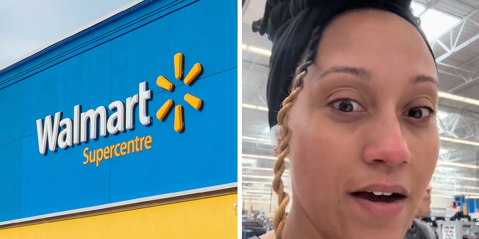 2 panel image of the exterior of a Walmart Super Center and a person explaining.