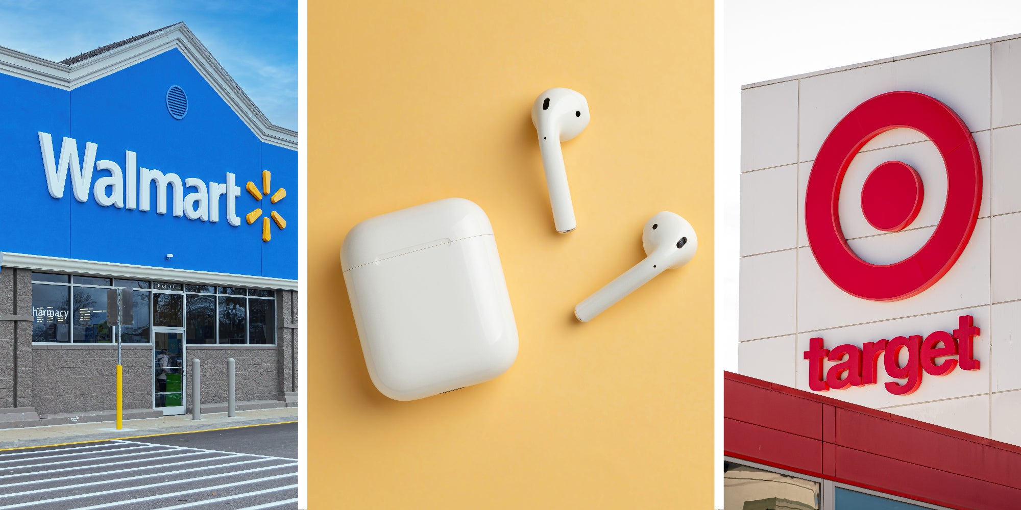 3 panel image of a Walmart store, a set of wireless airpod headphones, and a Target store.