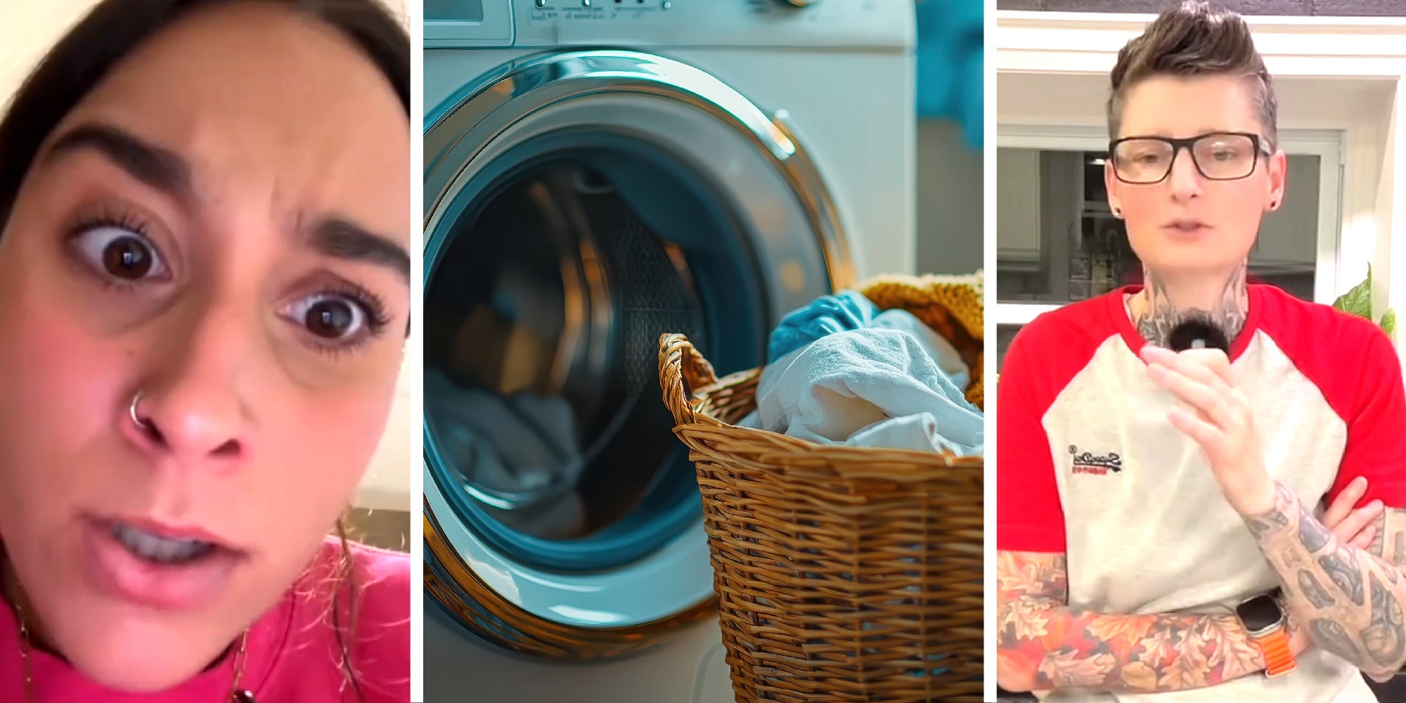 3 panel image: a person looking stressed, a washing machine, a person explaining.