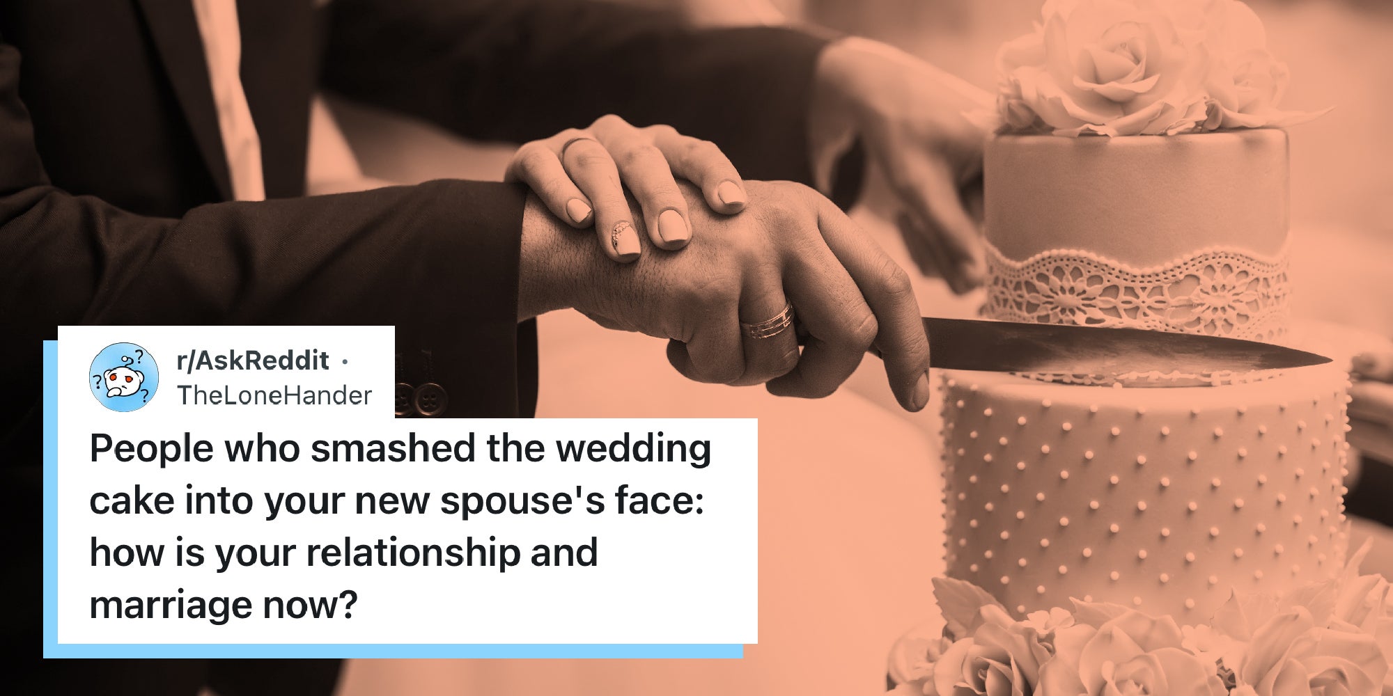 Photo of a bride and groom cutting their wedding cake with the Reddit post overlaid.