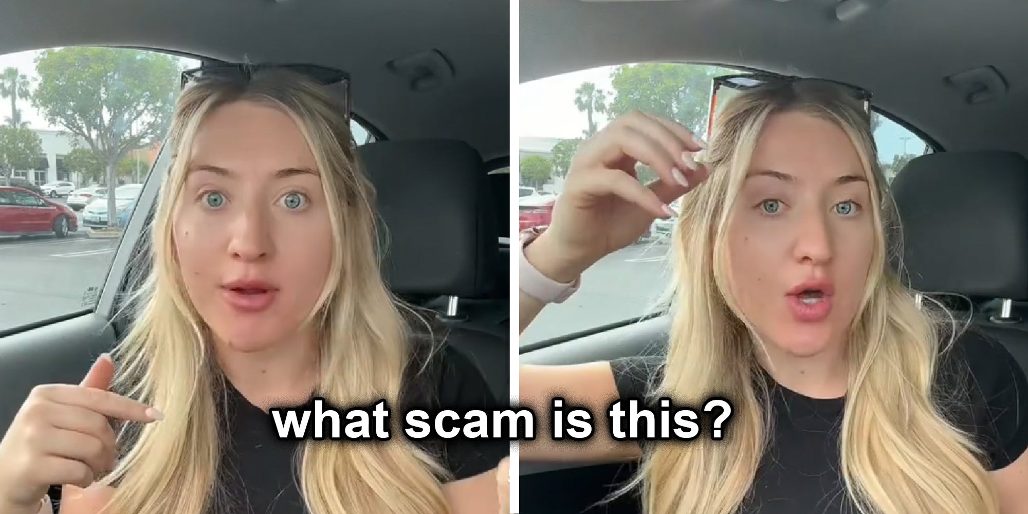 Two panel image of a person explaining. Text over reads: "What scam is this?"