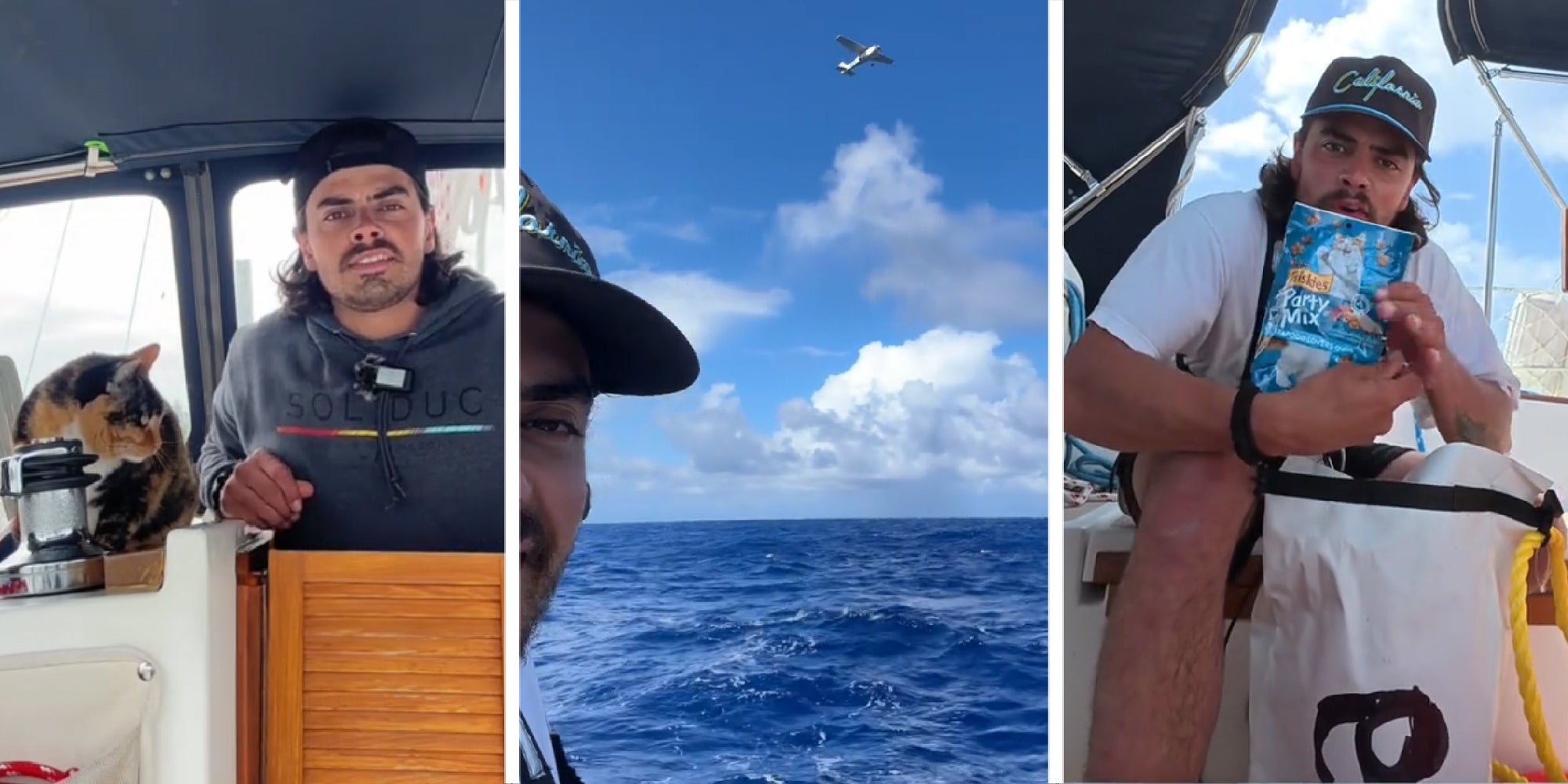 3 panel image of Oliver Widger and his cat Phoenix as they sail from Oregon to Hawaii and receive an air dropped package.