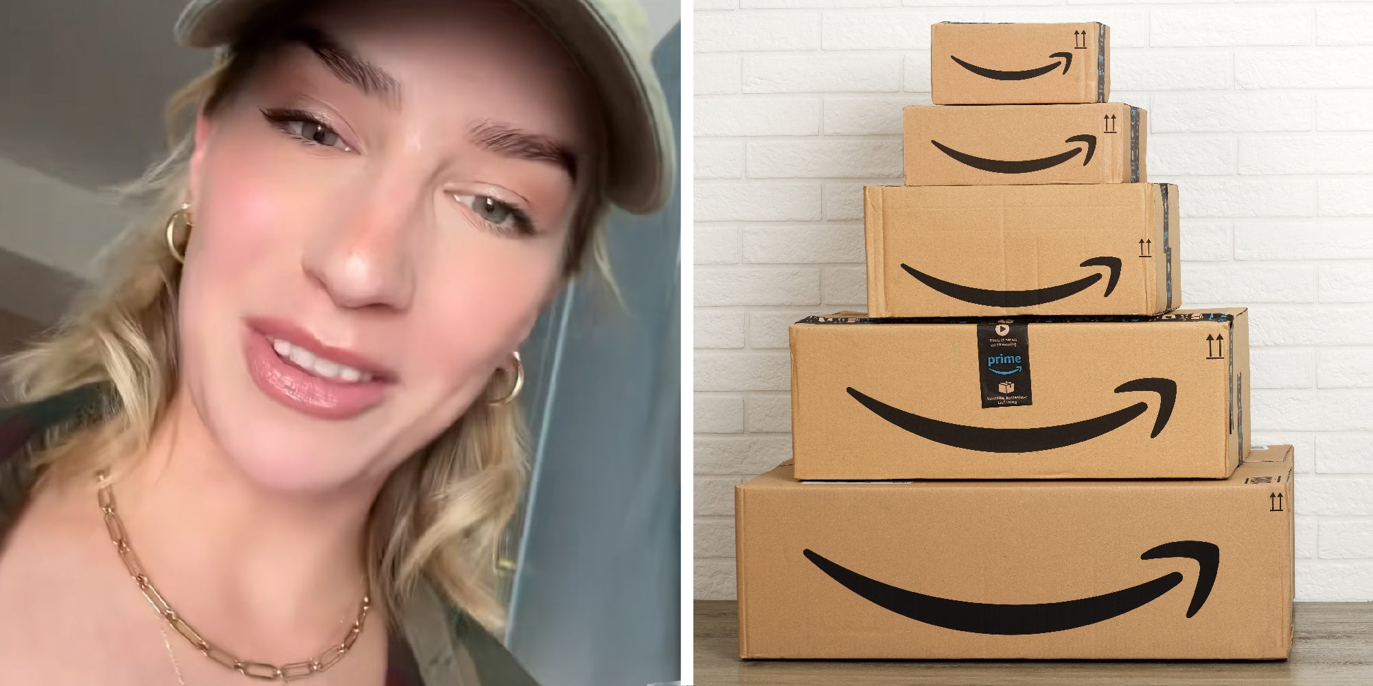 two panel image of a woman's face and a stack of packages on a door step.