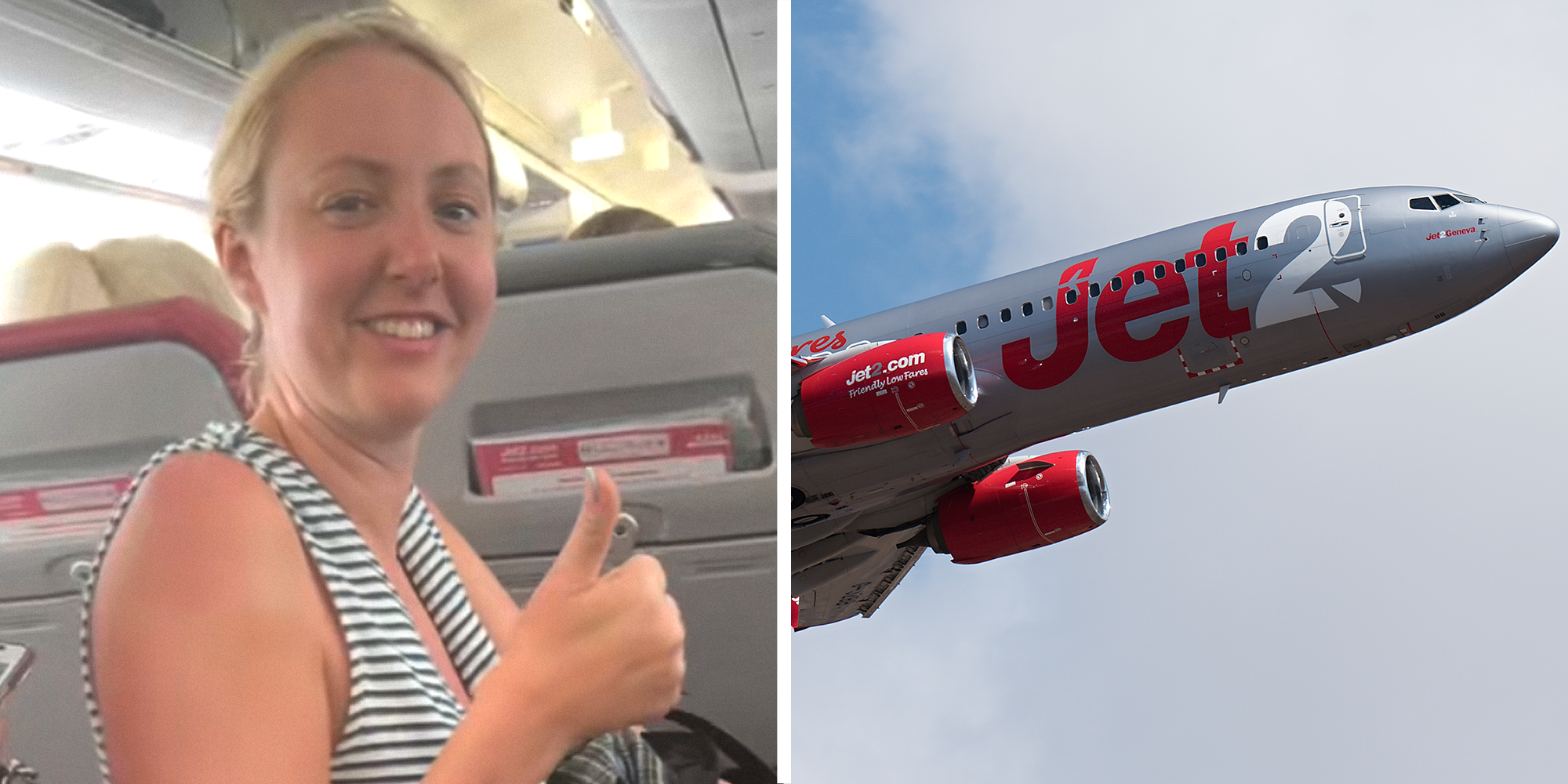 2 panel image. Woman sitting on plane with thumbs-up and sarcastic smile on left. Jet 2 plane in sky on right.
