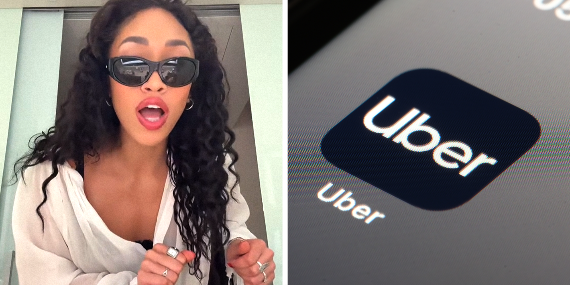 2 panel image. Woman looking shocked on left. Uber app on right.