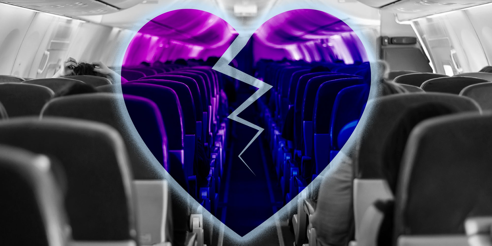 Photo collage image of a common airplane cabin with a broke heart symbol overlaid on it.