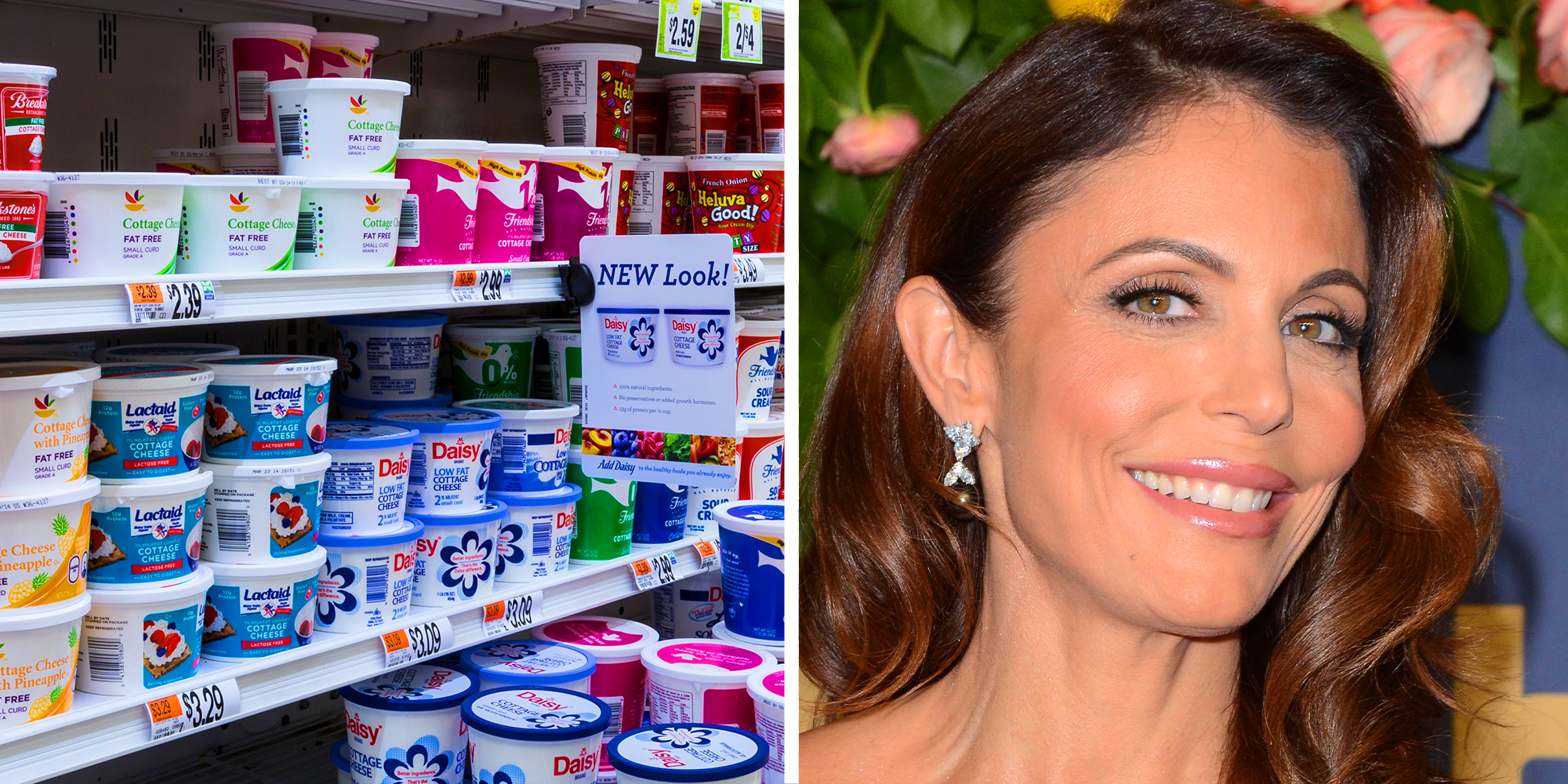 2 Panel Image, Dairy section at market, and Bethenny Frankel
