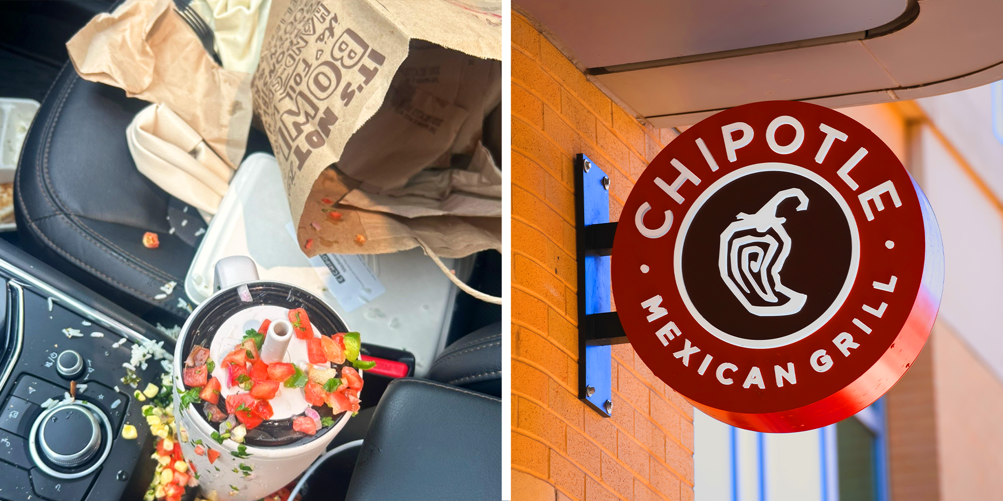 2 panel image, spilled chipotle and chipotle signage