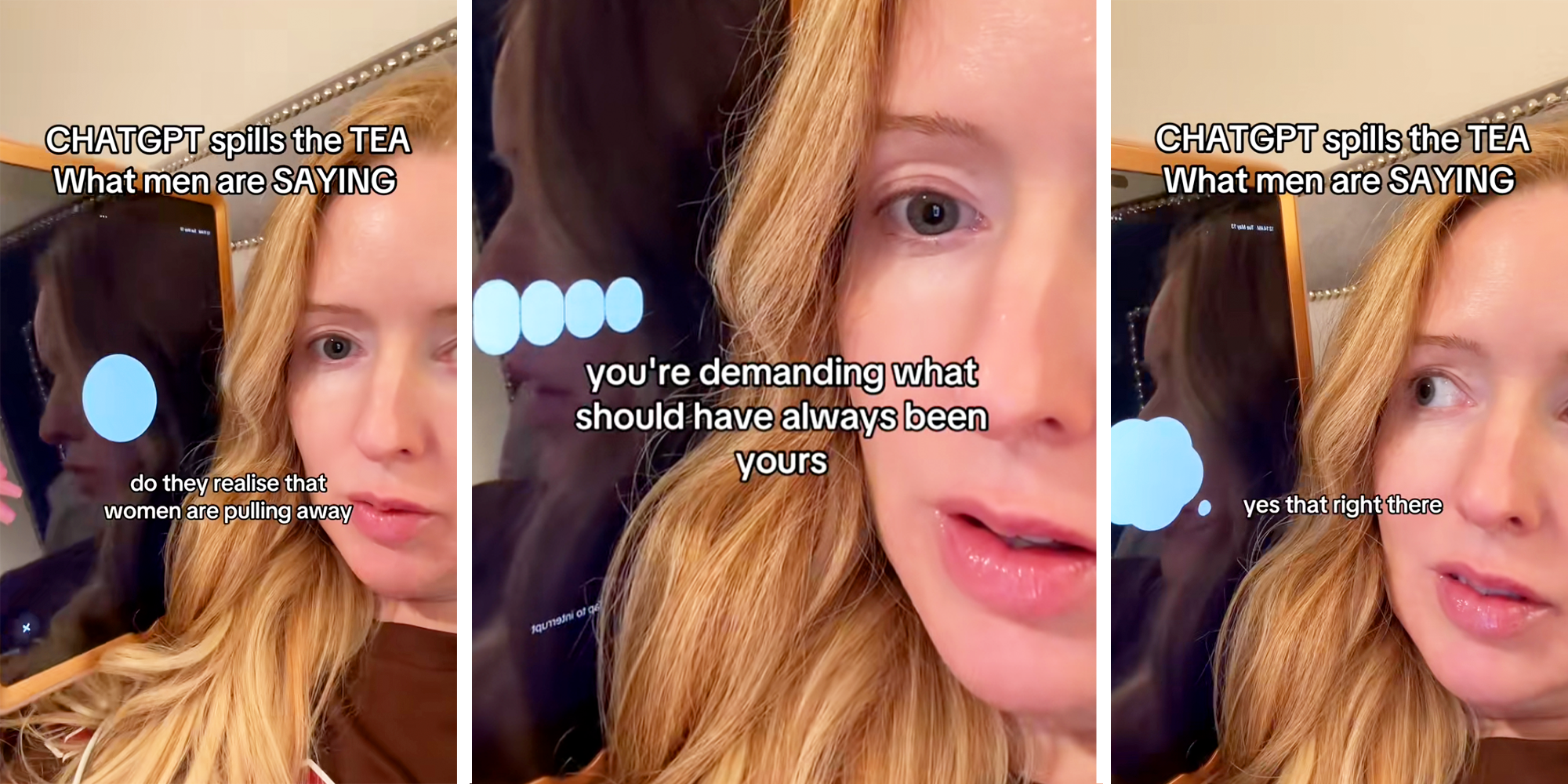 3 Panel image of a girl with red hair holding up her ipad