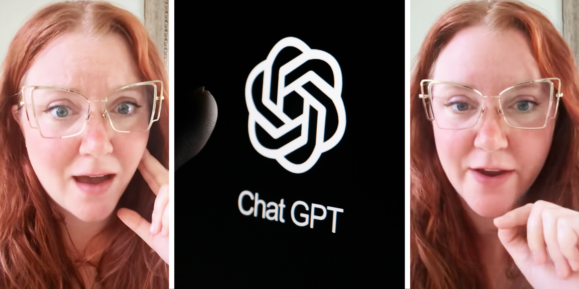 3 Panel Image woman with red hair with glasses, and chat GPT logo