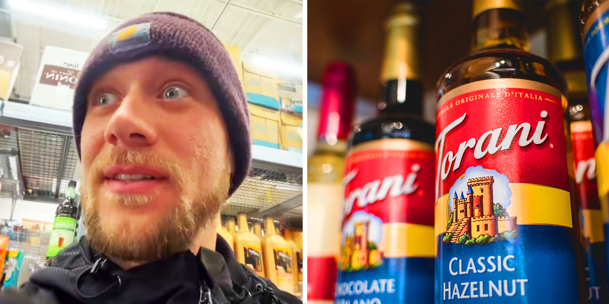 2 Panel Image of a man with beard and beanies, and Torani coffee syrup