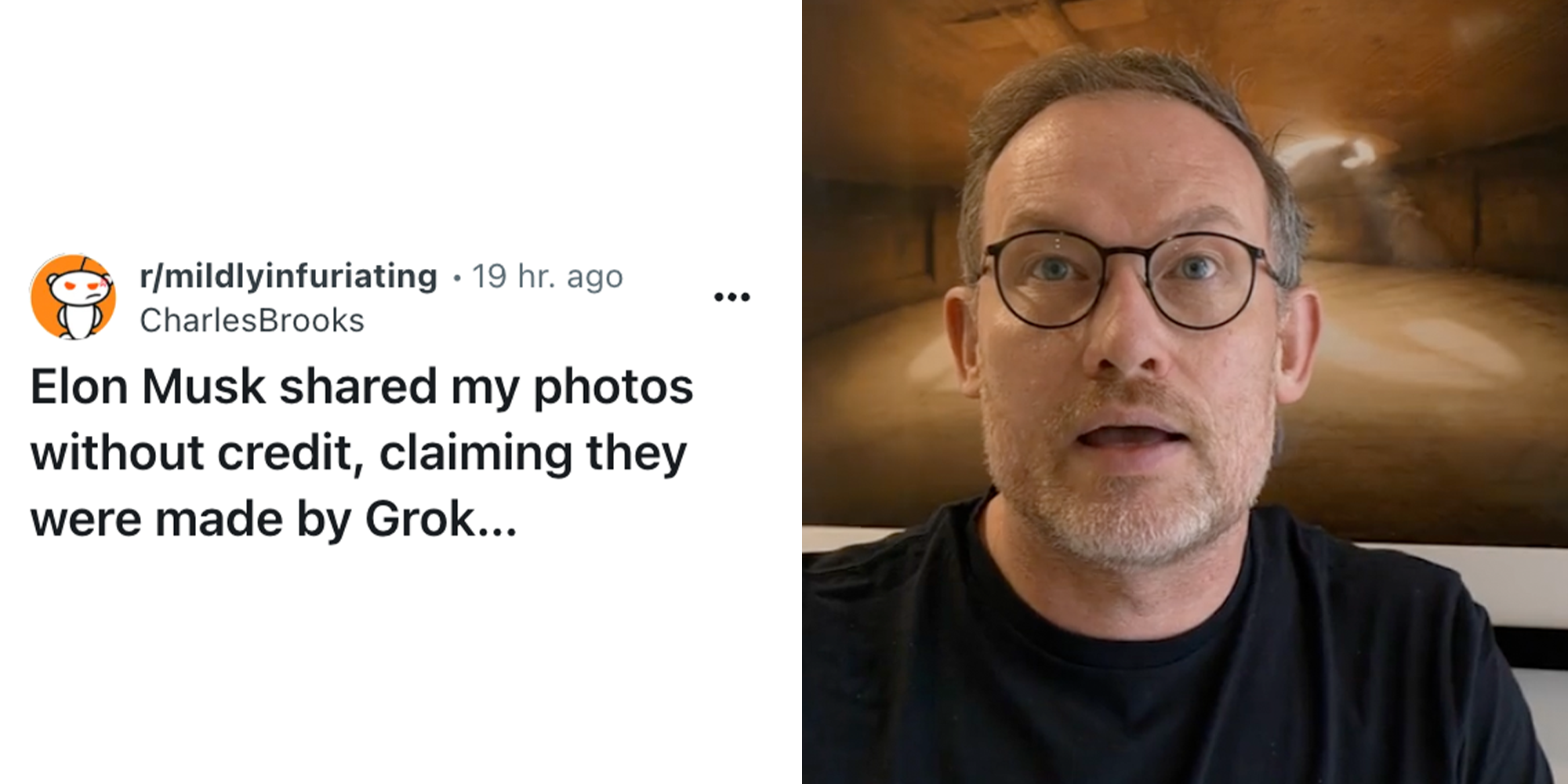 2 Panel Image, Reddit caption and Man with glasses