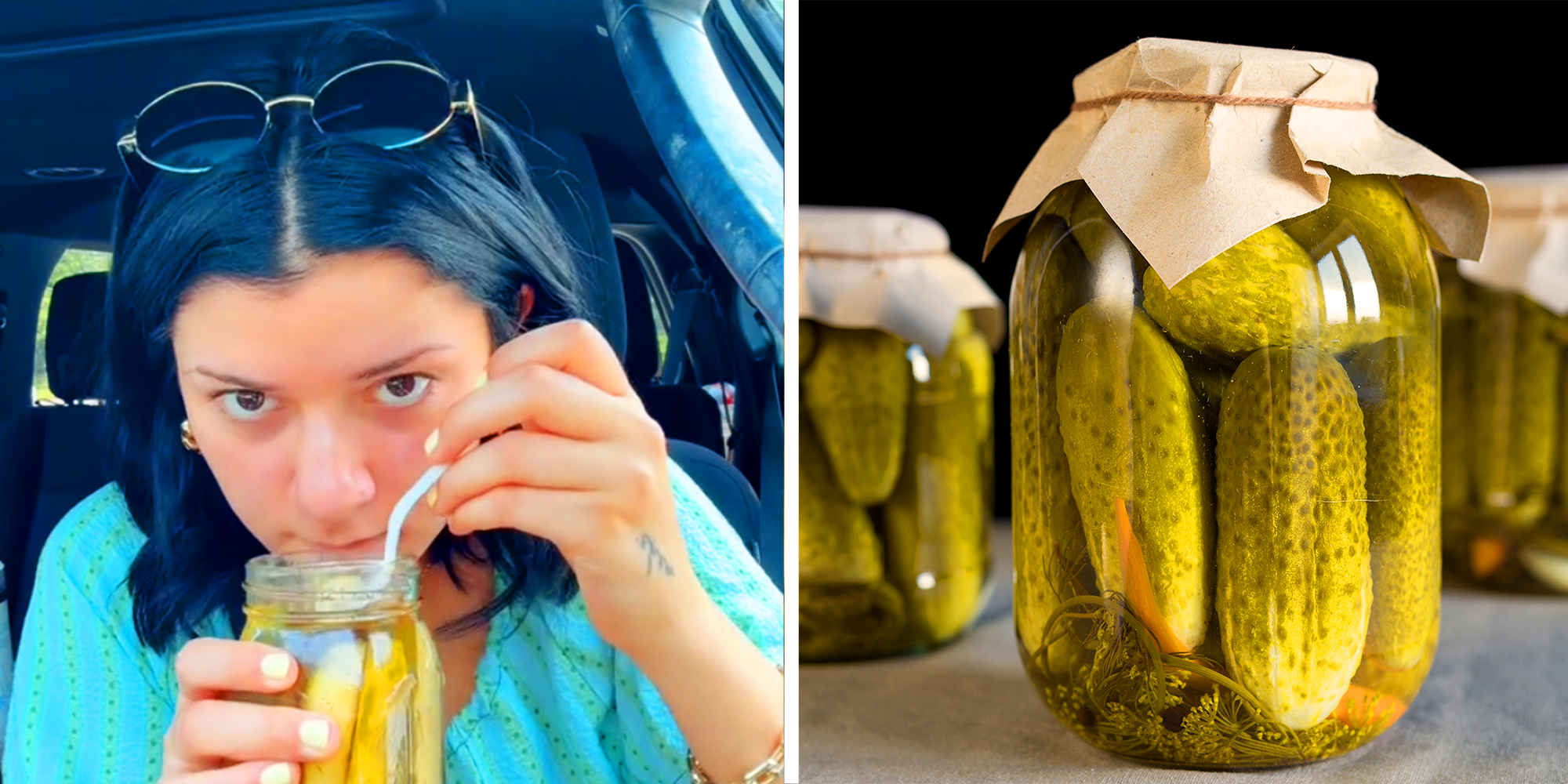 2 Panel Image of a girl smelling pickled jar and jars of pickles