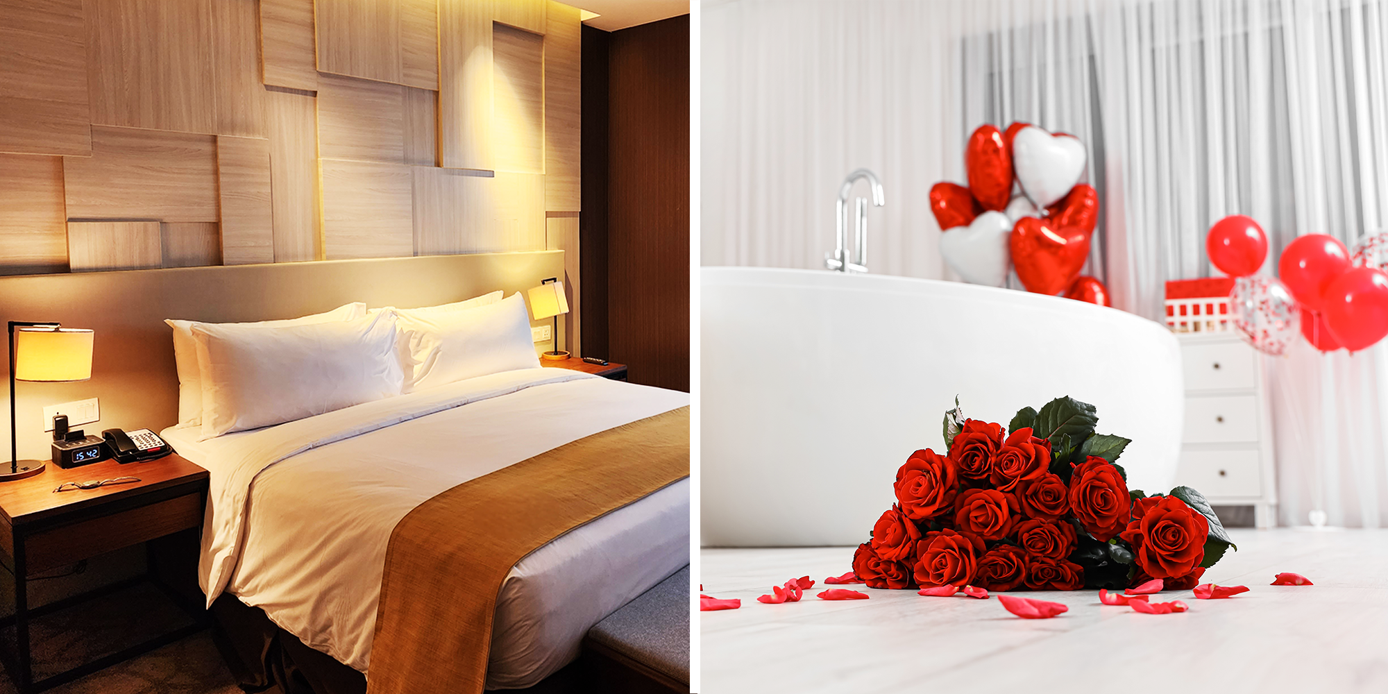 2 Panel Image, Hotel room, and red roses and balloons
